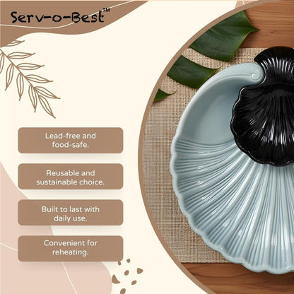 Servo Best Grey Ceramic Chip and Dip Platter, Shell Design Appetizer Serving Tray with Built-In Dip Bowl, Sectioned Snack Platter for Chips Salsa Veggies, Party Entertaining Serveware Gift