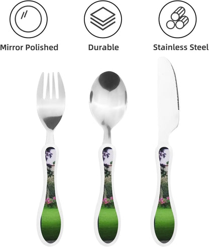 3-Piece Kids Silverware Set With Storage Case, Stainless Steel Reusable Children Safe Knife Spoon Fork Set Blue Active Girl Running Sunset Children Flatware Set For Kids Lunch Box - Colors A