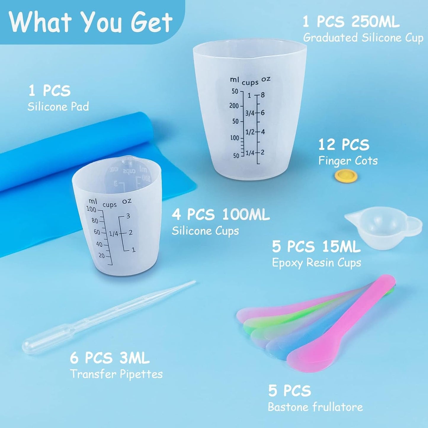 Creahaus Silicone Measuring Cups Tool Kit for Resin, Non-Stick 250 & 100ml Epoxy Mixing Cups, Reusable Resin Supplies with Silicone Mat, Stir Sticks, Pipettes, Cups for Molds, Jewelry Making