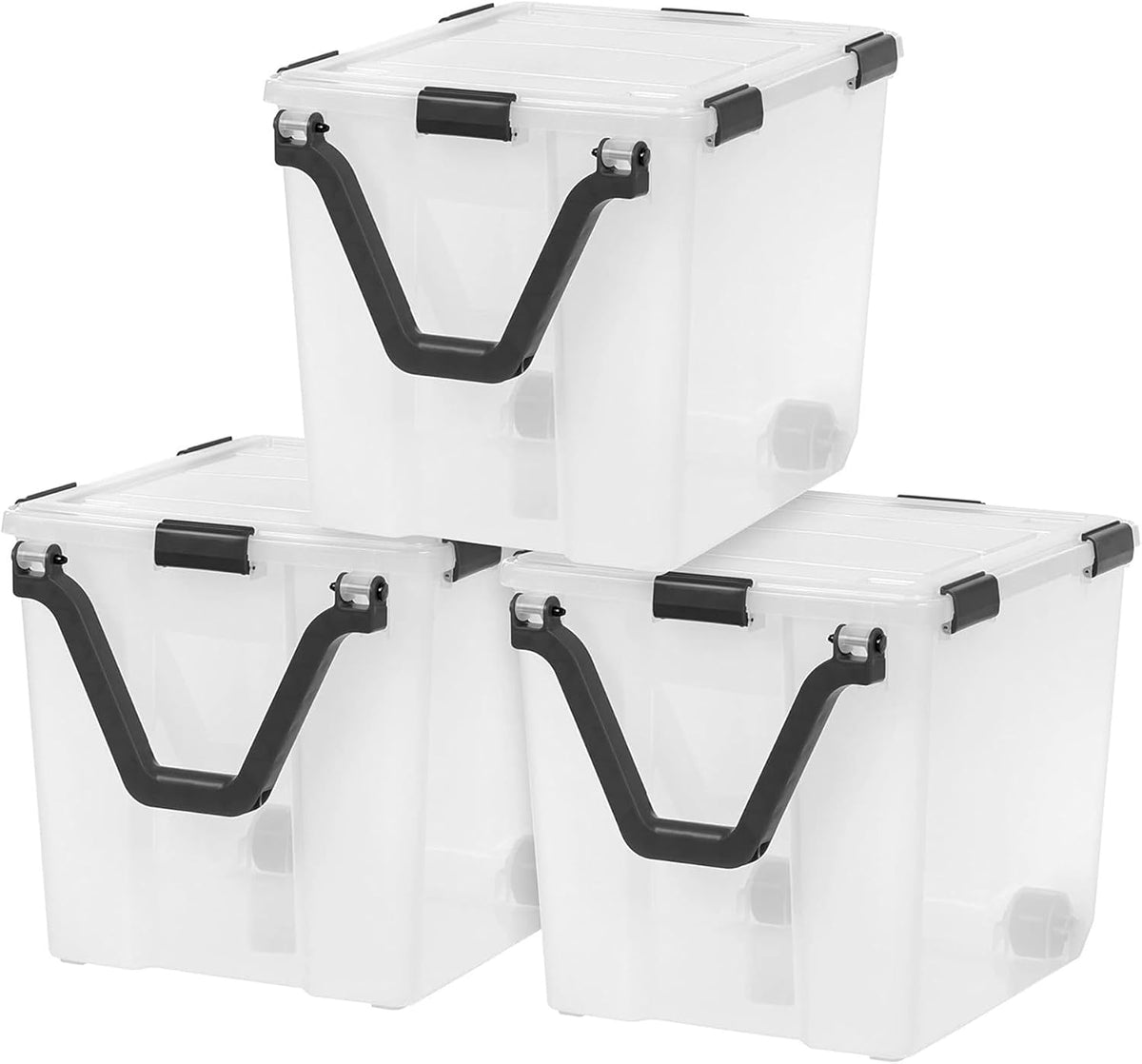 IRIS USA Storage Bins with Lids, WeatherPro Wheeled 106 Qt, Plastic, 3 Pack | Weather-tight gasket, wheels, and secure latches protect camping gear, tools, holiday décor, clothing, and documents.