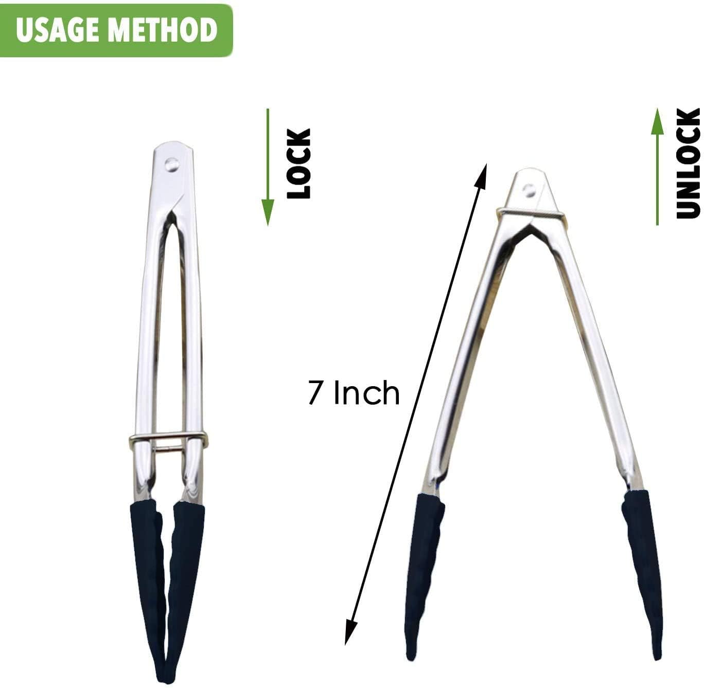 HINMAY Mini Stainless Steel Food Tongs with Silding Rings 7-Inch, Set of 6 | Small Clam Shell Service Tongs for Serving Appetizers, Desserts, Salads, Barbecue and Cooking (Silver)