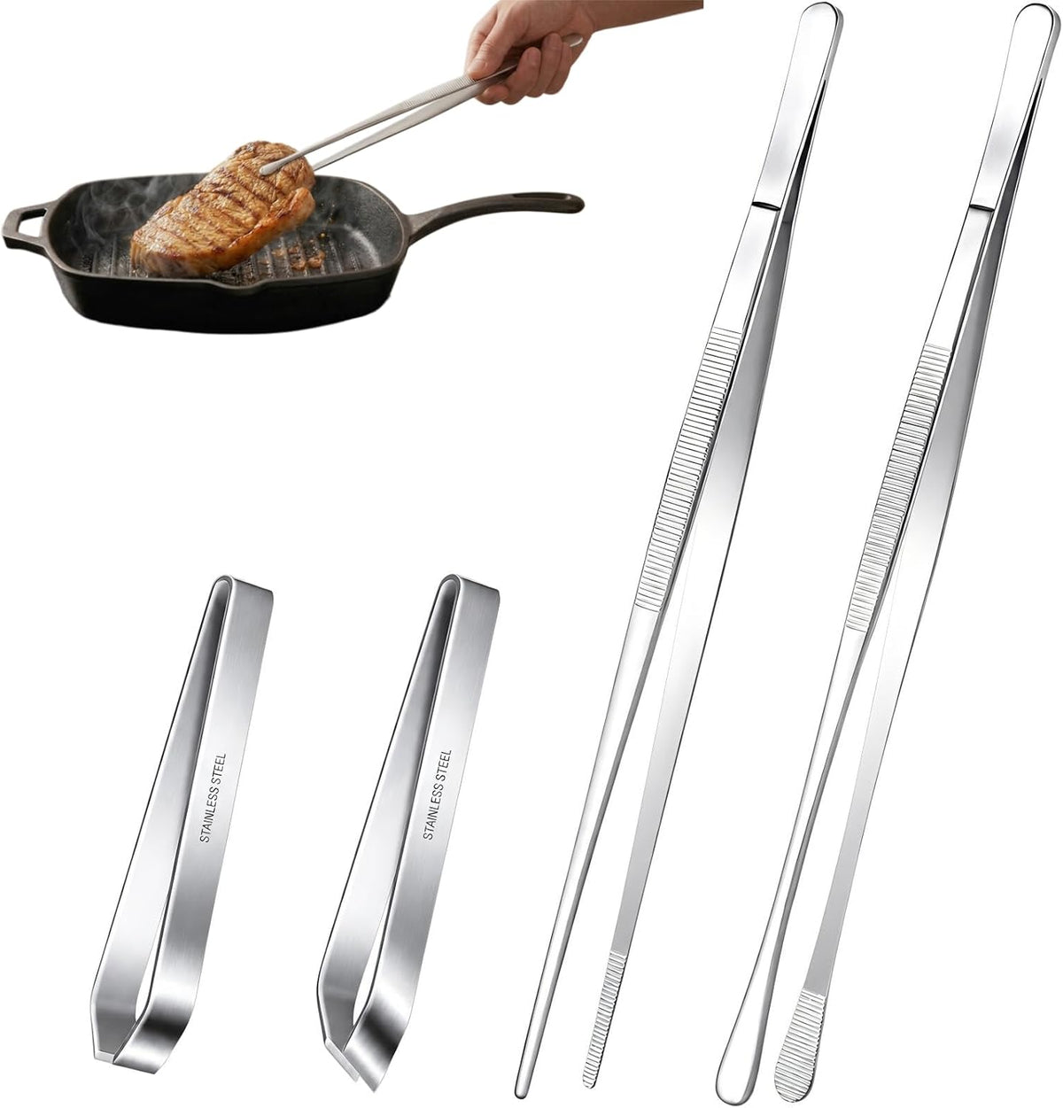 4-Piece Kitchen Tweezers, Long & Mini Precision Cooking Tongs
