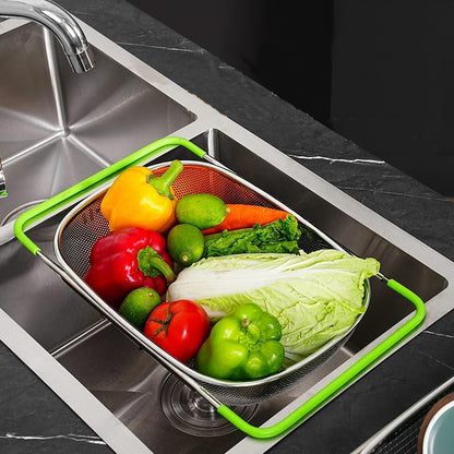 TENTA TENTA KITCHEN Premium Quality Over The Sink Stainless Steel Oval Small Colander with Fine Mesh 2.5 Quart Strainer Basket & Expandable Rubber Grip Handles-Strain,Drain,Rinse Fruits,Vegetables
