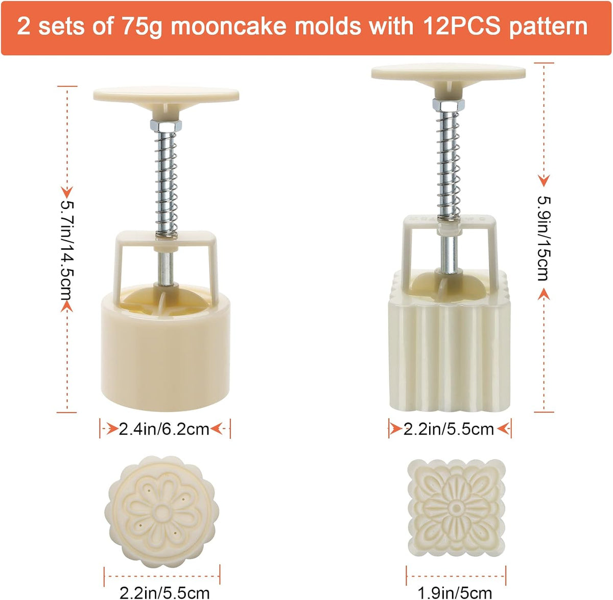Luxiv 50g Mooncake Mold Set, 12 Patterns Round And Square Hand Press Molds