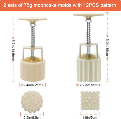 Luxiv 50g Mooncake Mold Set, 12 Patterns Round And Square Hand Press Molds