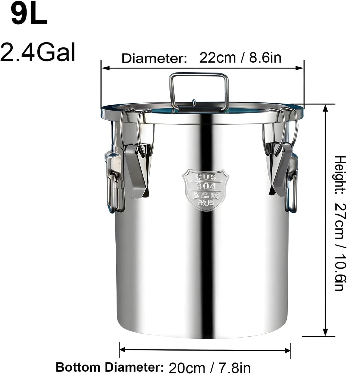 3.2Gal 304 Stainless Steel Kitchen Airtight Canister, 405oz Flour Container with Lid and Locking Clamp,10-21Lbs Metal Bucket Food Storage Container for Rice Flour Grain Coffee Bean(12L)