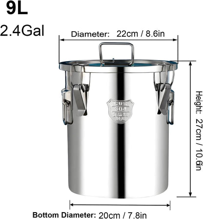 3.2Gal 304 Stainless Steel Kitchen Airtight Canister, 405oz Flour Container with Lid and Locking Clamp,10-21Lbs Metal Bucket Food Storage Container for Rice Flour Grain Coffee Bean(12L)
