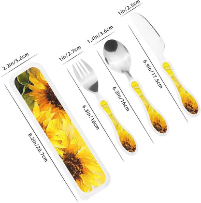 3-Piece Kids Silverware Set With Storage Case, Stainless Steel Reusable Children Safe Knife Spoon Fork Set Yellow Sunflowers Children Flatware Set For Kids Lunch Box