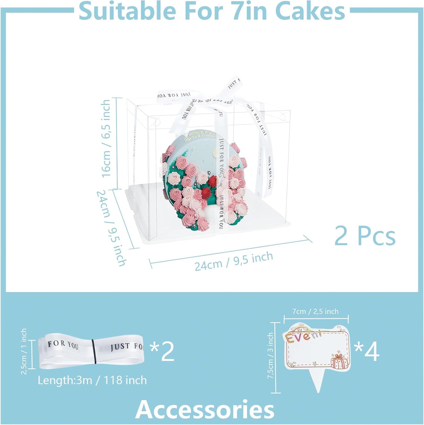 Clear Cake Box, 2 Pcs Transparent Cake Carrier Box with Lids, 4'' PET Packaging Boxes with Ribbon Gift Card for Pastries, Clear Gift Boxes for Birthday, Wedding and Festival Party, White.