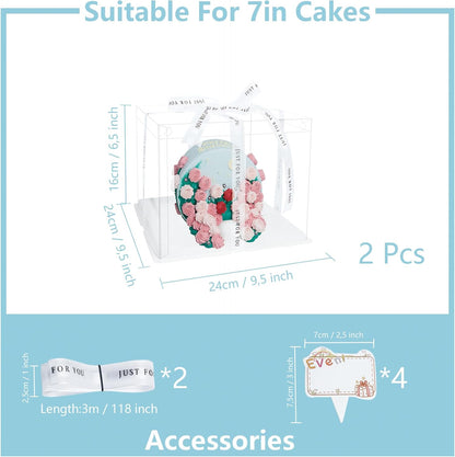 Clear Cake Box, 2 Pcs Transparent Cake Carrier Box with Lids, 4'' PET Packaging Boxes with Ribbon Gift Card for Pastries, Clear Gift Boxes for Birthday, Wedding and Festival Party, White.
