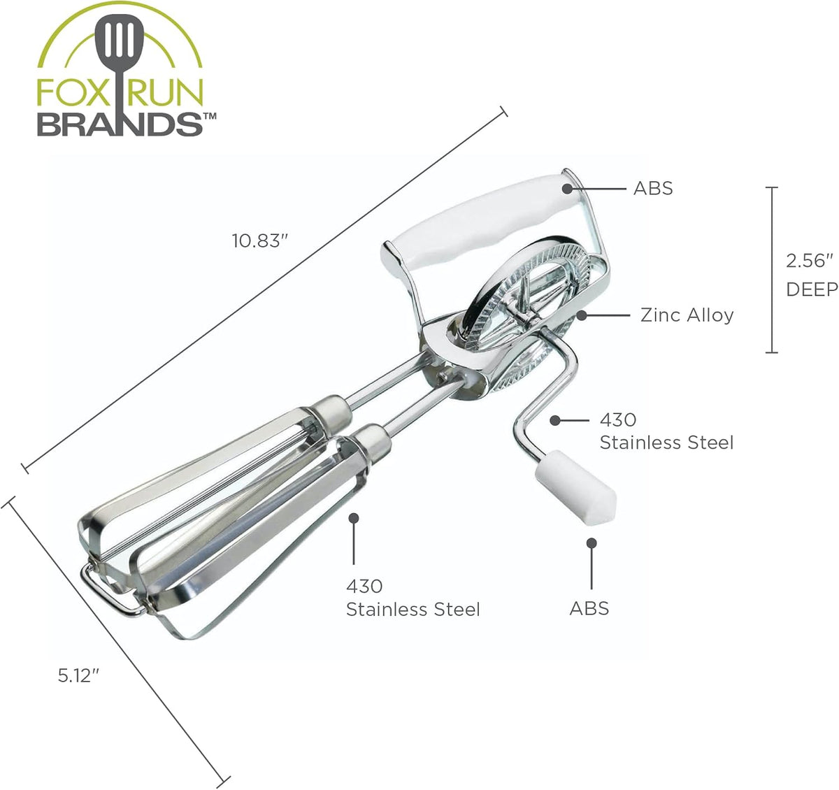 Fox Run Stainless Steel Manual Hand Mixer, White Retro Style Egg Beater