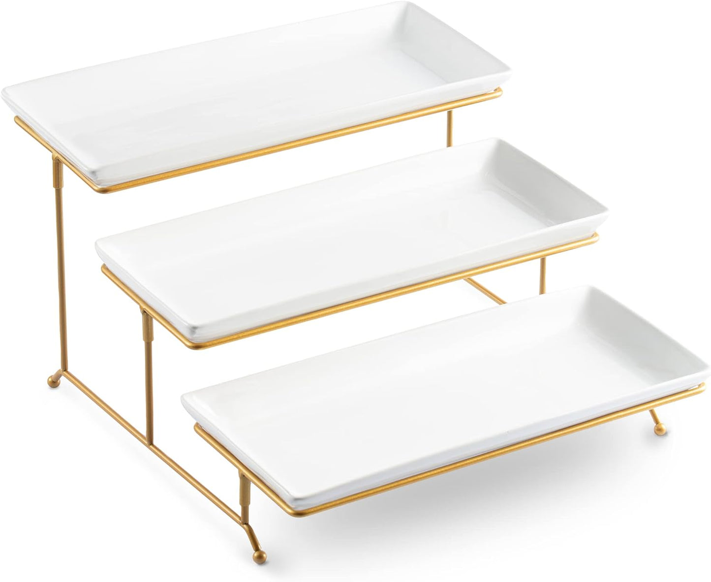 LYEOBOH 3 Tier Serving Bowls Set Tiered Serving Stand, Porcelain Oval Bowls with Collapsible Metal Stand for Entertaining, Party, Dessert Display, Candy, Chip and Dip (Gold)-45oz / 17.5oz / 7oz
