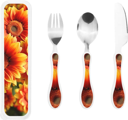 3-Piece Kids Silverware Set With Storage Case, Stainless Steel Reusable Children Safe Knife Spoon Fork Set Blue Active Girl Running Sunset Children Flatware Set For Kids Lunch Box - Colors C