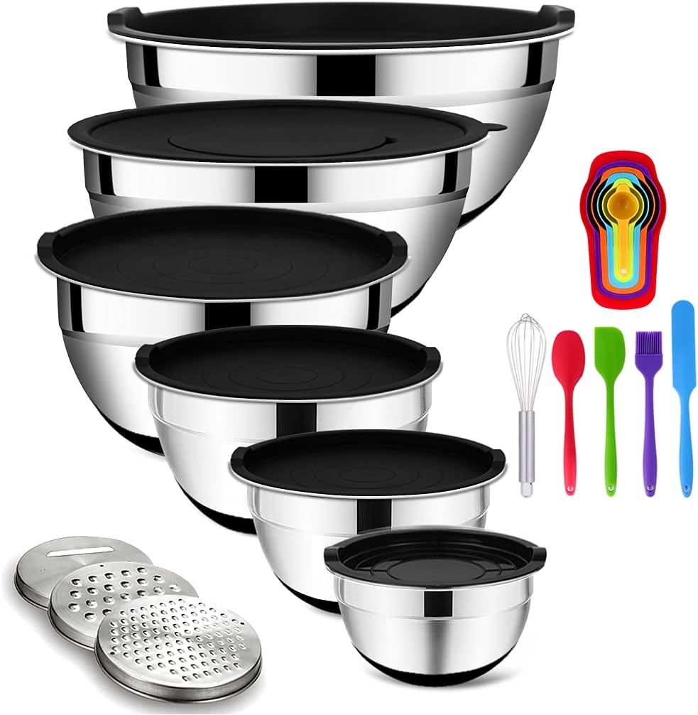 Rottay Mixing Bowls with Airtight Lids, 20PCS Stainless Steel Mixing Bowl Set, Nesting Bowls with 3 Grater Attachments & Non-Slip Bottoms, Size7, 4, 3, 2, 1.5, 1QT Bowls for Baking&Prepping