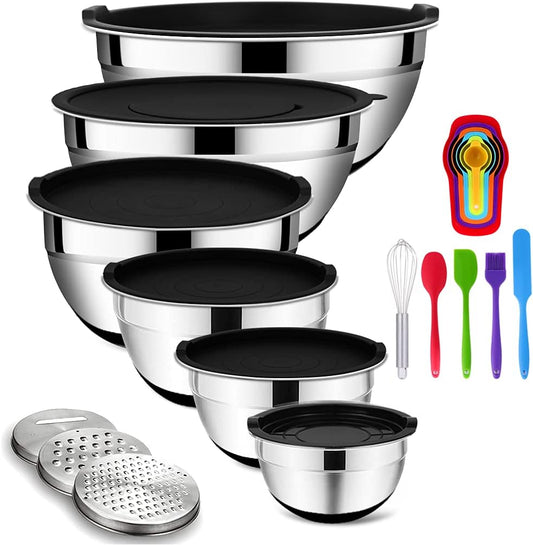 Rottay Mixing Bowls with Airtight Lids, 20PCS Stainless Steel Mixing Bowl Set, Nesting Bowls with 3 Grater Attachments & Non-Slip Bottoms, Size7, 4, 3, 2, 1.5, 1QT Bowls for Baking&Prepping