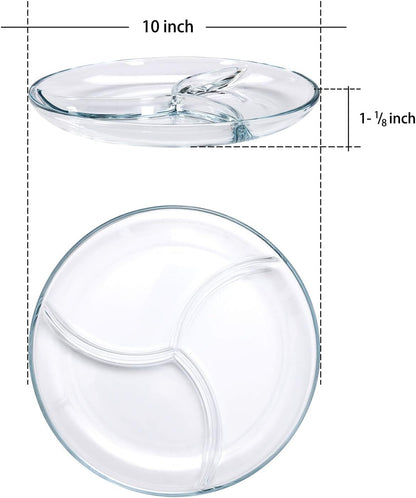 FOYO Round Tempered Glass Serving Platters/Trays - 3 Sectional -10'' Diameter, Set of 2