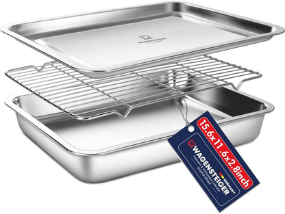 Stainless Steel Food Prep Container with Rack & Lid (Tray), 4.54Quarts, Catering Pans, Restaurant Pans, Buffet Party pan, Roasting Pan with Rack, Bakeware Roaster, Casserole (1307 / No7)