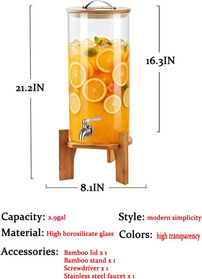 Beverage Dispenser,2.1 Gallon Glass Drink Dispenser with Stand,Glass water dispenser with Spigot, Large Drink Dispensers for Parties,Water Dispensers for Bar,Wedding,Restaurants 8L