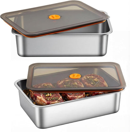 Reallnaive 2 Pcs Stainless Steel Marinade Containers with Lid, 5.6 Qt Metal Meat Brining Containers, Brining Prep Storage Box Dishwasher Safe Bpa Free for BBQ Tailgates Storage