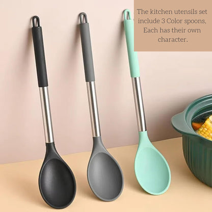 Silicone Solid Cooking Spoon Set (13.2"), 3-Pack Large Stainless Steel Handle Non Stick Server Spoon Heat Resistant 600°F, Metal Basting Spoon, Kitchen Utensils for Mixing Serving