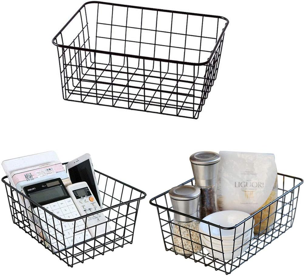 Metal Wire Storage Basket with Handles for Kitchen Food Pantry Papers Home Office Desk Shelf Bathroom Laundry Room Shelf Bedroom Bed Room, 2PCS (Black)
