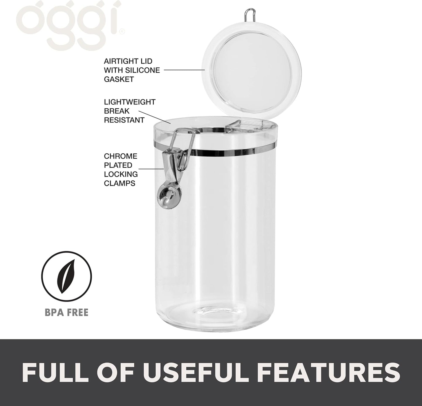 Oggi Clear Canister with Clamp Lid, 28 oz - Large Airtight Food Storage Container, for Kitchen & Pantry Storage of Bulk, Dry Foods Including Pasta, Flour, Sugar, Coffee, Rice, Tea, Spices & Herbs