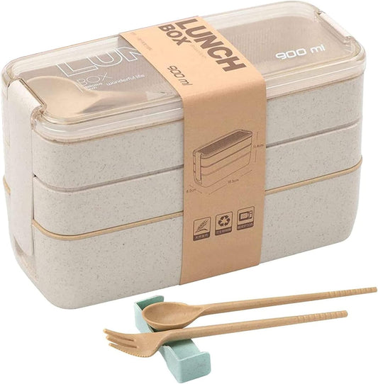 Rarapop 3 Pack Stackable Bento Box Adult Japanese Lunch Box Kit with Spoon & Fork, 3-In-1 Compartment Wheat Straw Meal Prep Containers (Green/Pink/Beige)