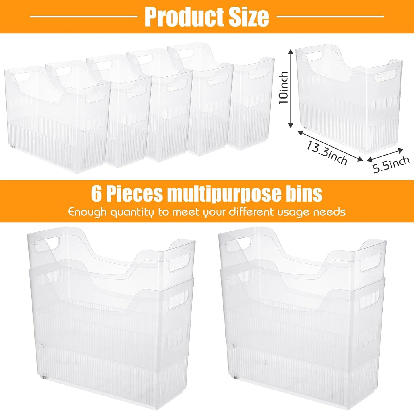 Qunclay 6 Plastic Freezer Organizer Bins with Wheel Set Clear Tall Narrow Kitchen Pantry Organizer Snack Storage Containers for Office Refrigerator(3 Sizes)
