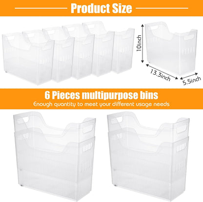 Qunclay 6 Plastic Freezer Organizer Bins with Wheel Set Clear Tall Narrow Kitchen Pantry Organizer Snack Storage Containers for Office Refrigerator(3 Sizes)