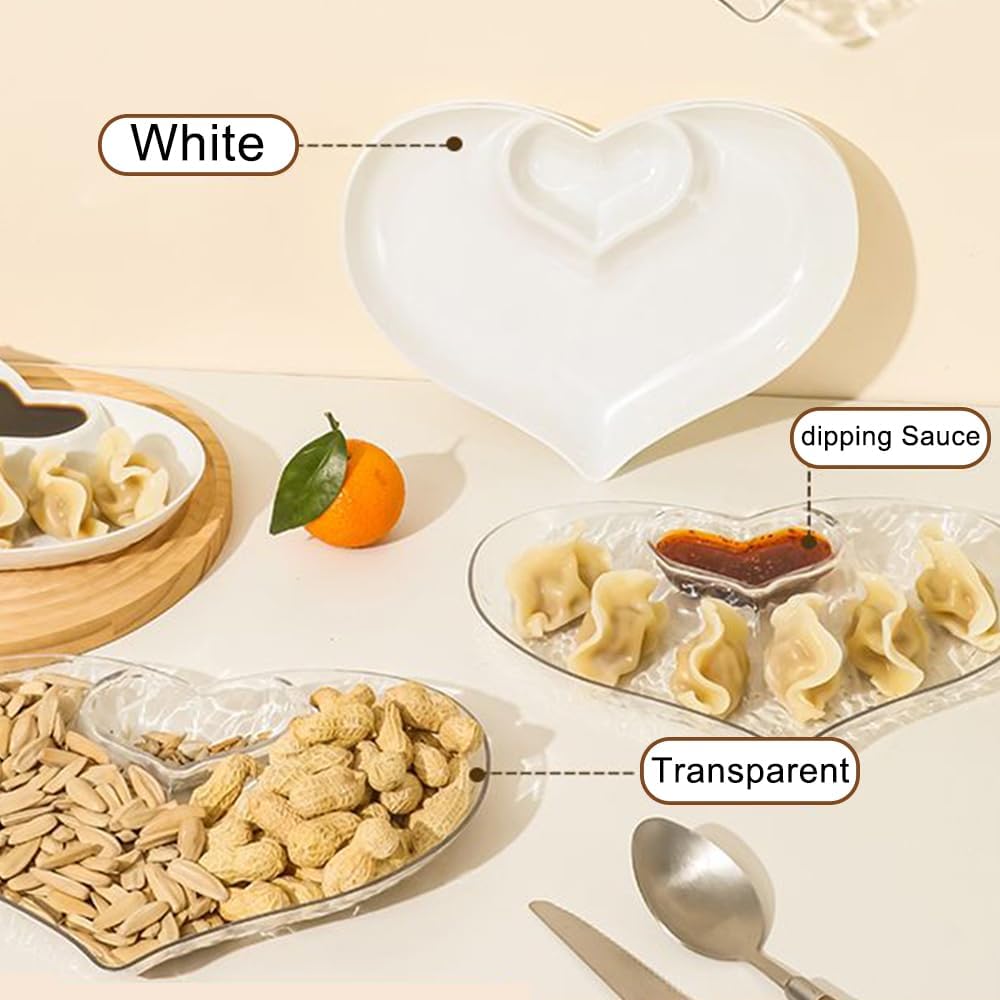 OULIGET Heart Chip Dip Serving Platter Set,Plastic Dumpling Plates with Sauce Compartment,Divided Snack Serving Dishes for Appetizer Sushi Taco Salsa Charcuterie,2 Pieces,White and Transparent