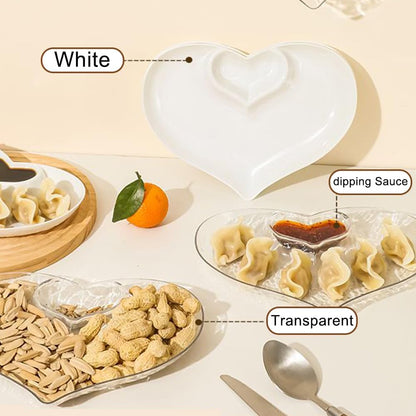 OULIGET Heart Chip Dip Serving Platter Set,Plastic Dumpling Plates with Sauce Compartment,Divided Snack Serving Dishes for Appetizer Sushi Taco Salsa Charcuterie,2 Pieces,White and Transparent
