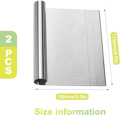 2 Pack Dough Scraper Bench Scraper Stainless Steel Pastry Cutter with Measuring Scale for Bread Dough Cake Pizza Baking Tool Kitchen Accessories Easy Grip Durable and Easy to Clean