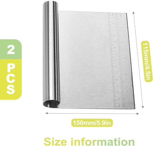 2 Pack Dough Scraper Bench Scraper Stainless Steel Pastry Cutter with Measuring Scale for Bread Dough Cake Pizza Baking Tool Kitchen Accessories Easy Grip Durable and Easy to Clean