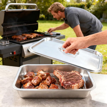 Grilling Prep and Serve Tays Set of 4, Stainless Steel Large Food Prep Tray, Grill Carry System, Marinade Container with Lid and Cutting Board, BBQ Grill Accessories (Color:Sliver)