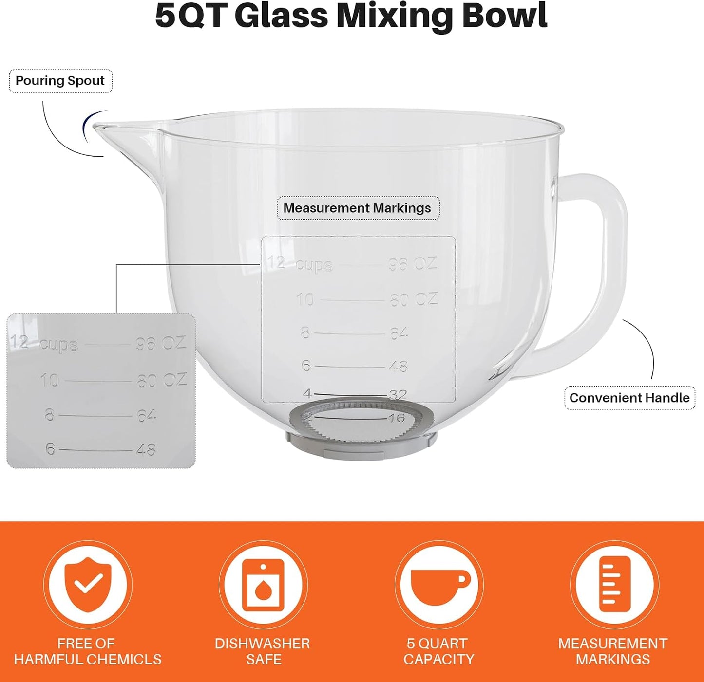 Glass Bowl Compatible with KitchenAid 4.5 & 5-Quart Tilt-Head Stand Mixers – Includes Lid, Measurement Markings & Spout Cover – Dishwasher, Microwave & Freezer Safe