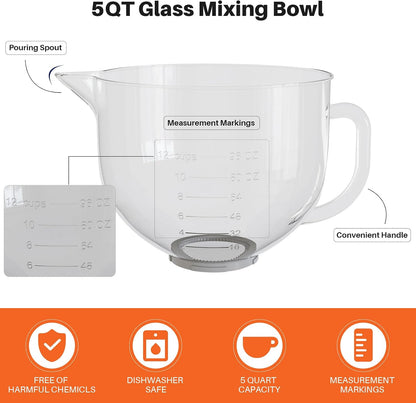 Glass Bowl Compatible with KitchenAid 4.5 & 5-Quart Tilt-Head Stand Mixers – Includes Lid, Measurement Markings & Spout Cover – Dishwasher, Microwave & Freezer Safe