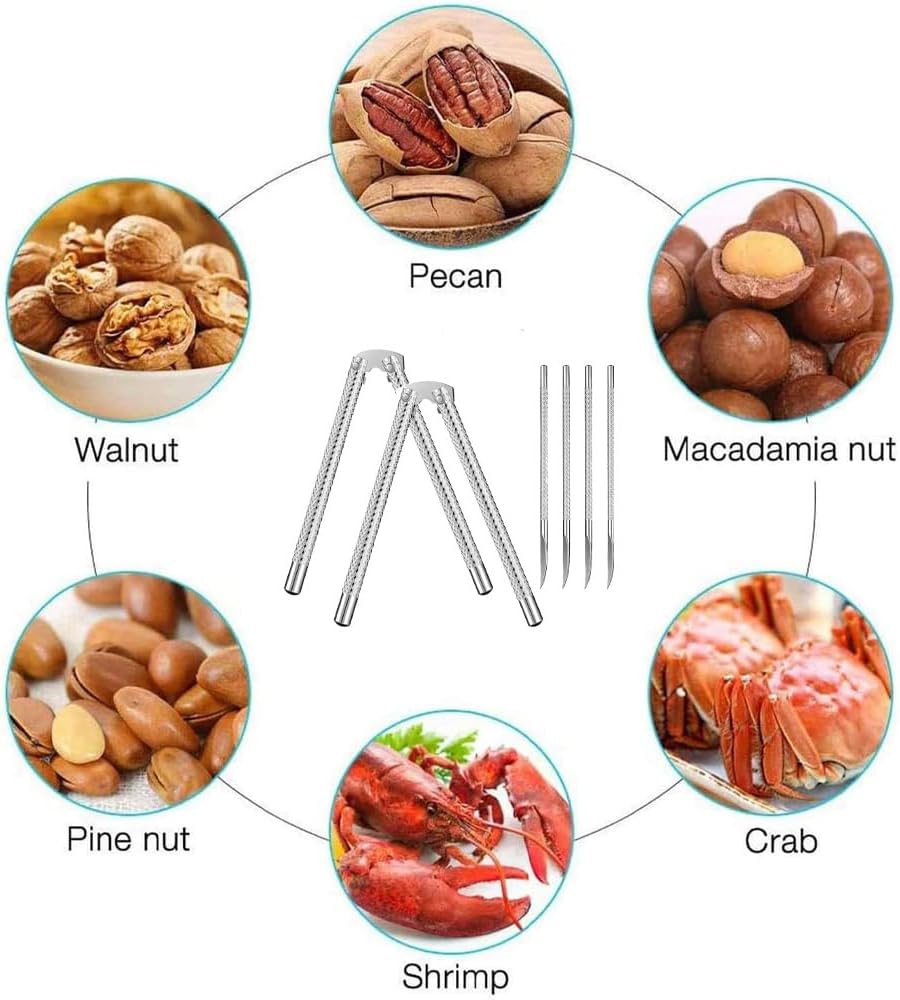 Nut Cracker 2Pcs and 4 Picks,Stainless Steel Nut Cracker Tool Set for Seafood Crackers Walnut(Silvery).