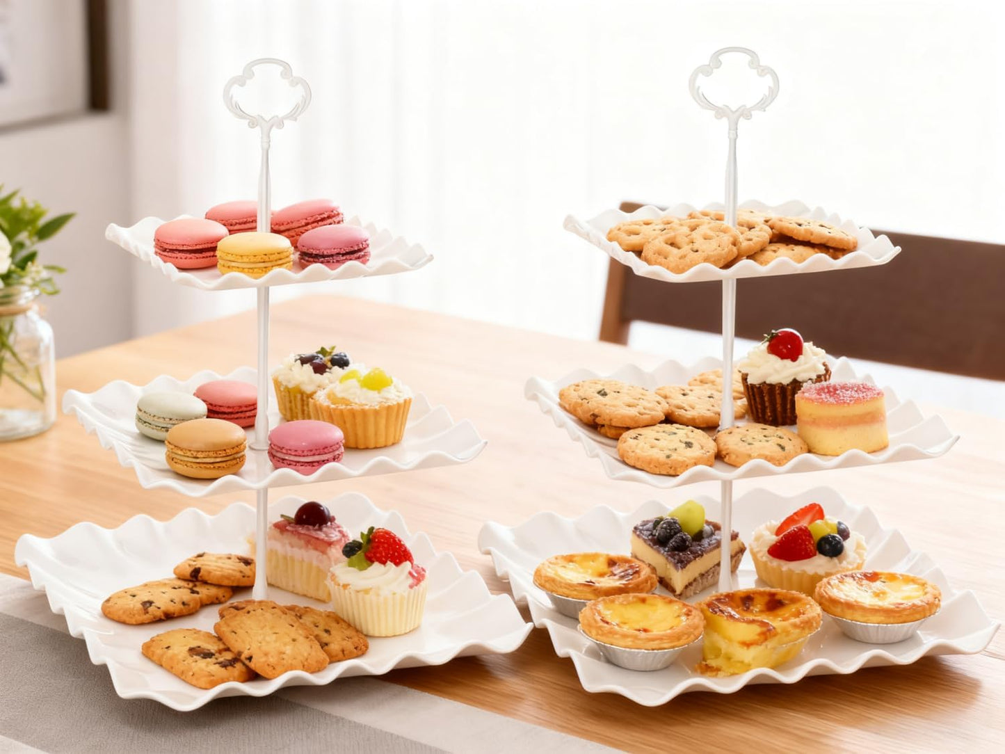 2 Pack of Plastic Square Dessert Cupcake Stand, 3 Tier Cup Cake Holder Tower for Tea Party/Birthday/Wedding, Plastic Tiered Serving Tray (Pink)