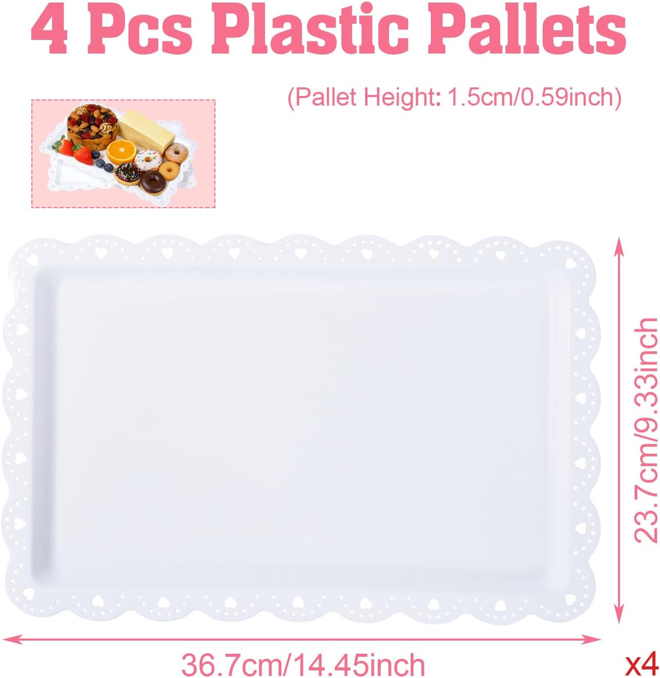 4 Pack Serving Trays for Party with Lace Rim,Rectangle Food Trays, Reusable White Plastic Serving Platters Food Display for Birthday Party, Wedding, Restaurant, 14.45" x 9.33"
