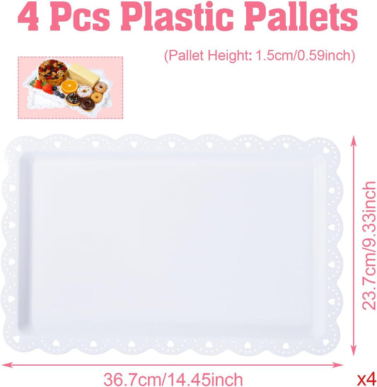 4 Pack Serving Trays for Party with Lace Rim,Rectangle Food Trays, Reusable White Plastic Serving Platters Food Display for Birthday Party, Wedding, Restaurant, 14.45" x 9.33"