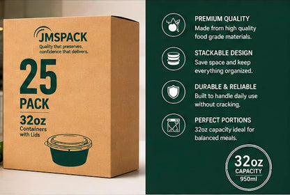 Containers Reusable 32oz - Meal Prep Bowls with Lids 25 Pack, Round Food Prep Bowls for Takeout, Disposable To Go Food Containers, Stackable, Leakproof, BPA-Free, Microwave/Freezer Safe