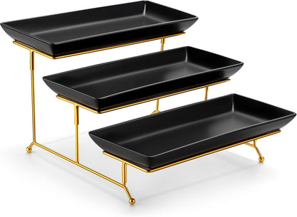 MALACASA 3 Tier Serving Trays for Party, Porcelain Serving Platters and Trays, 12 Inch Tiered Tray Stand, Fruit Tray, Trays for Serving Food, White Dessert Stand with Collapsible Sturdier Metal Rack