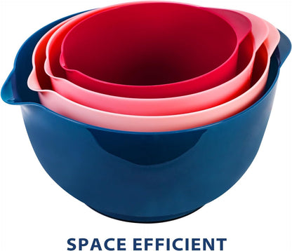 BoxedHome Nesting Plastic Mixing Bowl Set With Pour Spout, Microwave and Dishwasher Safe, BPA free Non-Slip Base, Set of 4 Size 1.7, 2.5, 3.5 and 4.5qt, Great for Prepping, Baking, Cooking (Dark Blue)
