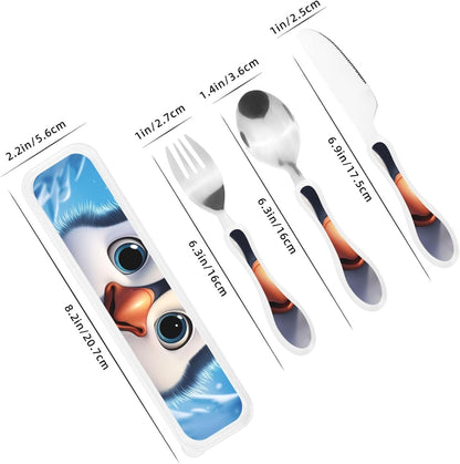3-Piece Kids Silverware Set With Storage Case, Stainless Steel Reusable Children Safe Knife Spoon Fork Set Cartoon Cute Penguin Children Flatware Set For Kids Lunch Box