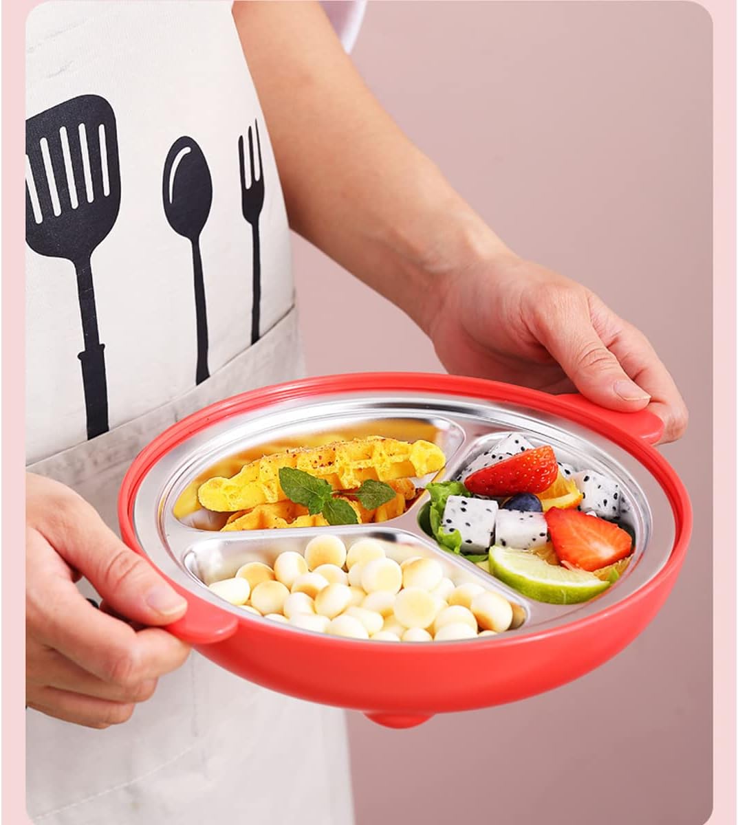 3 Compartment Portion Plate with Lid Heat Insulate Dinner Plate for Adults - Portion Control Divided Plates Tray 304 Stainless Steel Camping Plate