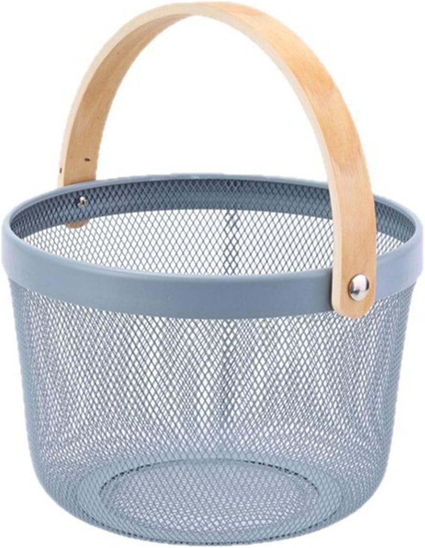 AJIODA Metal Mesh Steel Wire Basket, Round Storage Organizer Basket with Wooden Handle Multi-functional Hanging Kitchen Baskets Fruit Baskets for Kitchen Bathroom Picnic Decor Cabinet Home, White