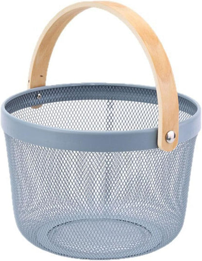 AJIODA Metal Mesh Steel Wire Basket, Round Storage Organizer Basket with Wooden Handle Multi-functional Hanging Kitchen Baskets Fruit Baskets for Kitchen Bathroom Picnic Decor Cabinet Home, White