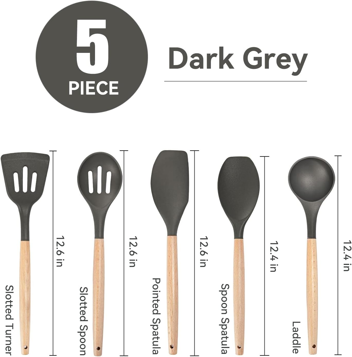 Non-Stick Silicone Cooking Utensils Set, 5 Pcs with Wooden Handle, Heat Resistant Silicone Kitchen Gadgets (Black)