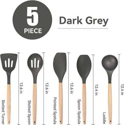Non-Stick Silicone Cooking Utensils Set, 5 Pcs with Wooden Handle, Heat Resistant Silicone Kitchen Gadgets (Black)