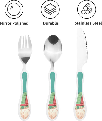 3-Piece Kids Silverware Set With Storage Case, Stainless Steel Reusable Children Safe Knife Spoon Fork Set Alpaca Cactus Children Flatware Set For Kids Lunch Box